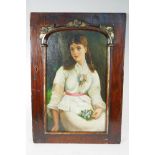 After Emile Vernon, portrait of a woman in white with flowers, framed within a mahogany panel