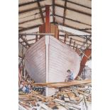 Ben Manchipp, 'Lunch break, pilot cutter', boat building workshop, pencil signed, watercolour,