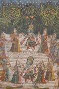 An Indian painting on silk depicting a ceremonial dance, 'The Wishes of Krishna', 33" x 45"