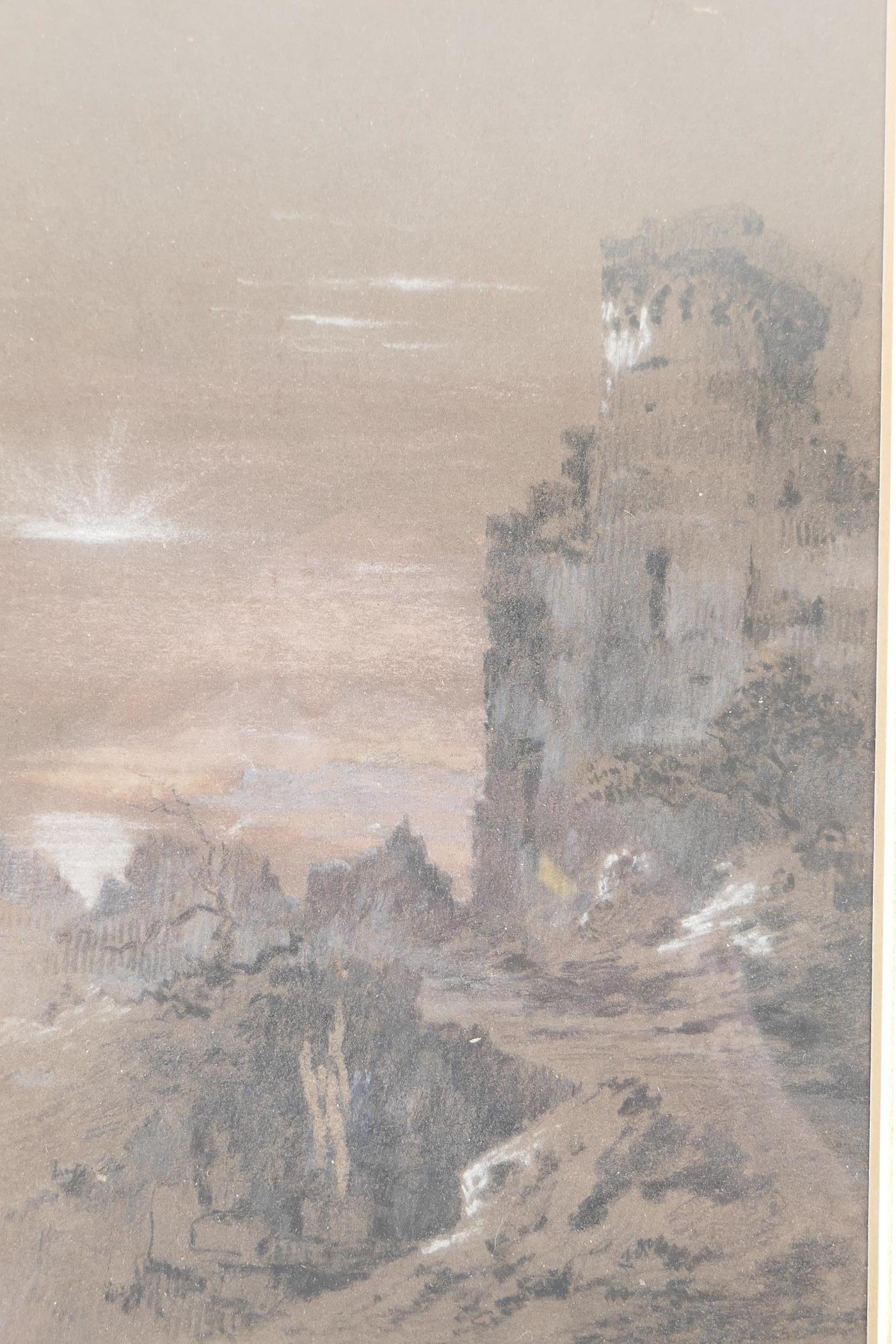 Ruins in a landscape at sunset, C19th charcoal drawing highlighted with white, in the manner of John