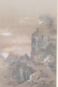 Ruins in a landscape at sunset, C19th charcoal drawing highlighted with white, in the manner of John