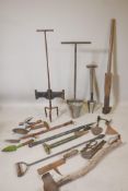 A collection of vintage tools, including a French bulb planter, a deep root lifter, Wikeham weed