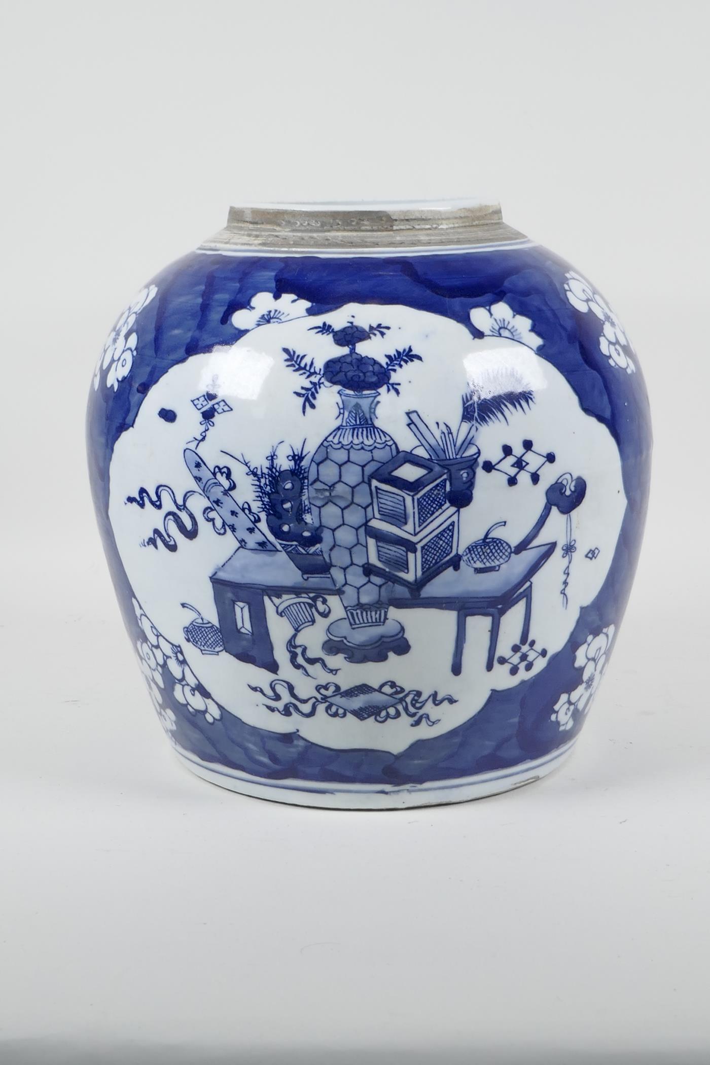 An early C20th Chinese blue and white porcelain jar with decorative panels depicting objects of - Image 2 of 3