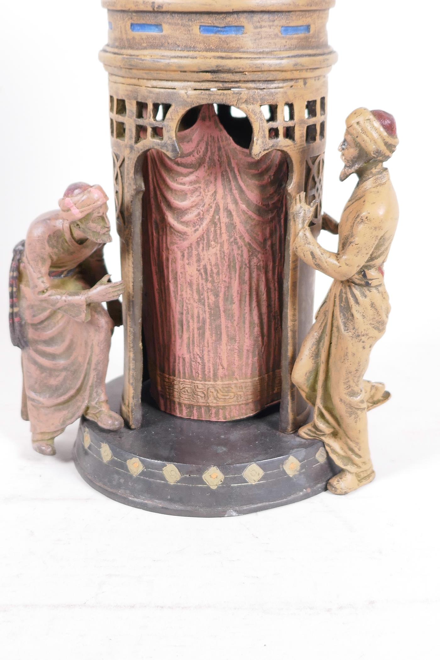 A cold painted bronze after Bergman of an Arab tower, with a concealed female nude and two male - Image 4 of 4