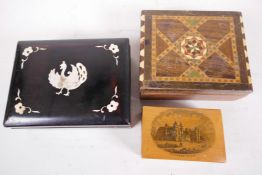 A Mauchlin ware trinket box decorated with a picture of Holyrood Palace, 3¼" long, together with a