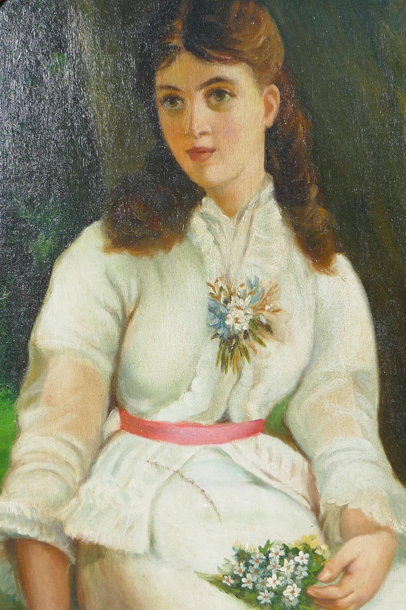 After Emile Vernon, portrait of a woman in white with flowers, framed within a mahogany panel - Image 2 of 4