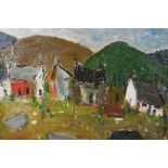 In the manner of Kyffin Williams, Welsh landscape with cottages and distant hills, impasto oil on