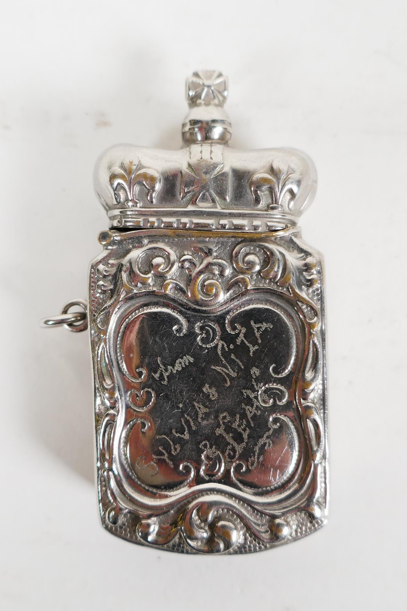 Three decorative Victorian and early C20th match safe vesta cases; one silver plated and topped with - Image 4 of 8