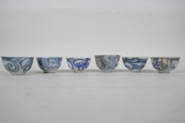 Six Chinese antique blue and white wine/tea cups, 1½" diameter