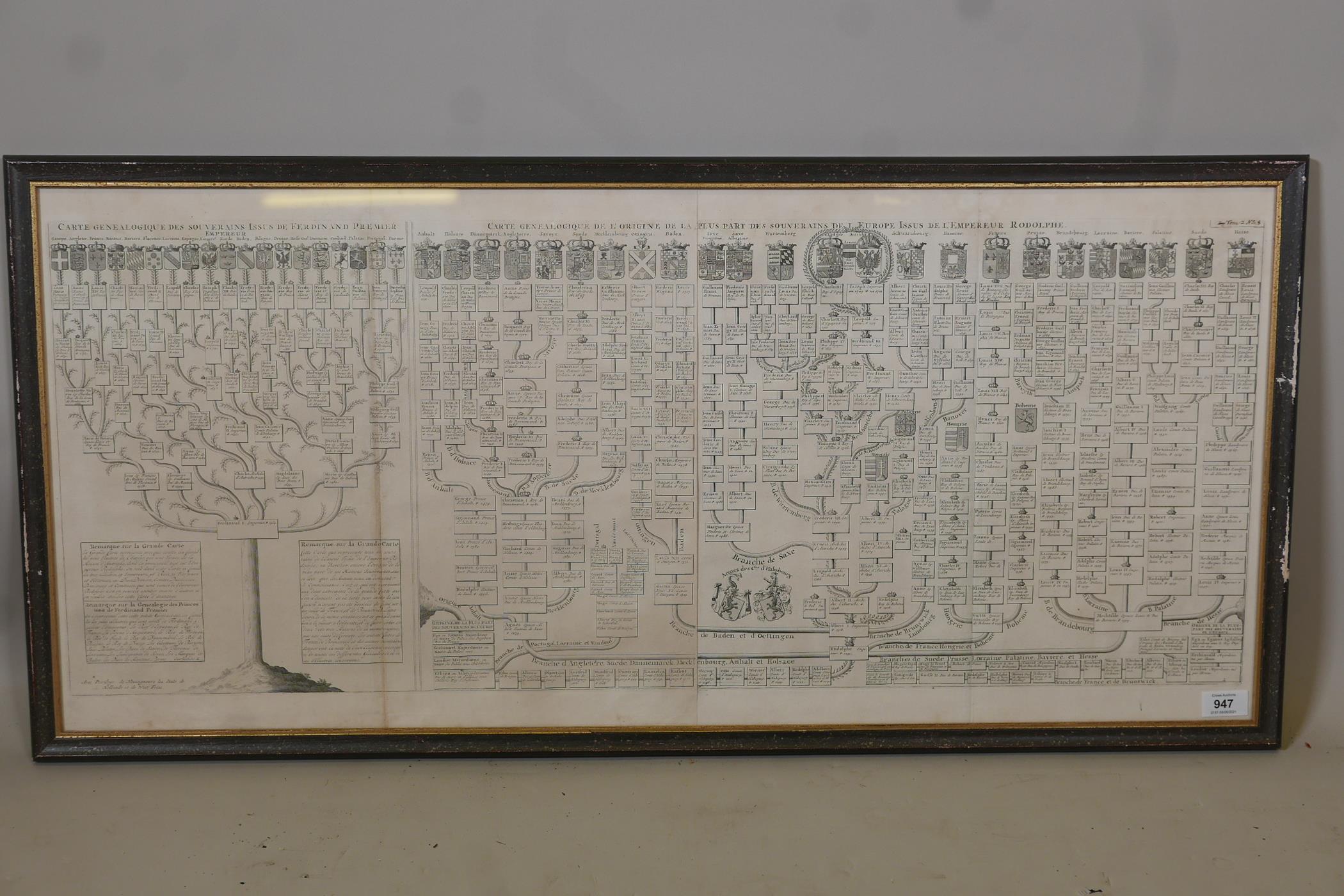 An C18th heraldic engraving, Nouvelle Carte Genealogique, des souverains issus de Ferdinand Premier,