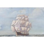 Three masted sailing ship with the White Cliffs of Dover in the distance, indistinctly signed, oil