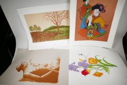Four screen prints, 'A ploughed field', nude 'Geisha' and 'Flowers', various artists, 20" x 15"