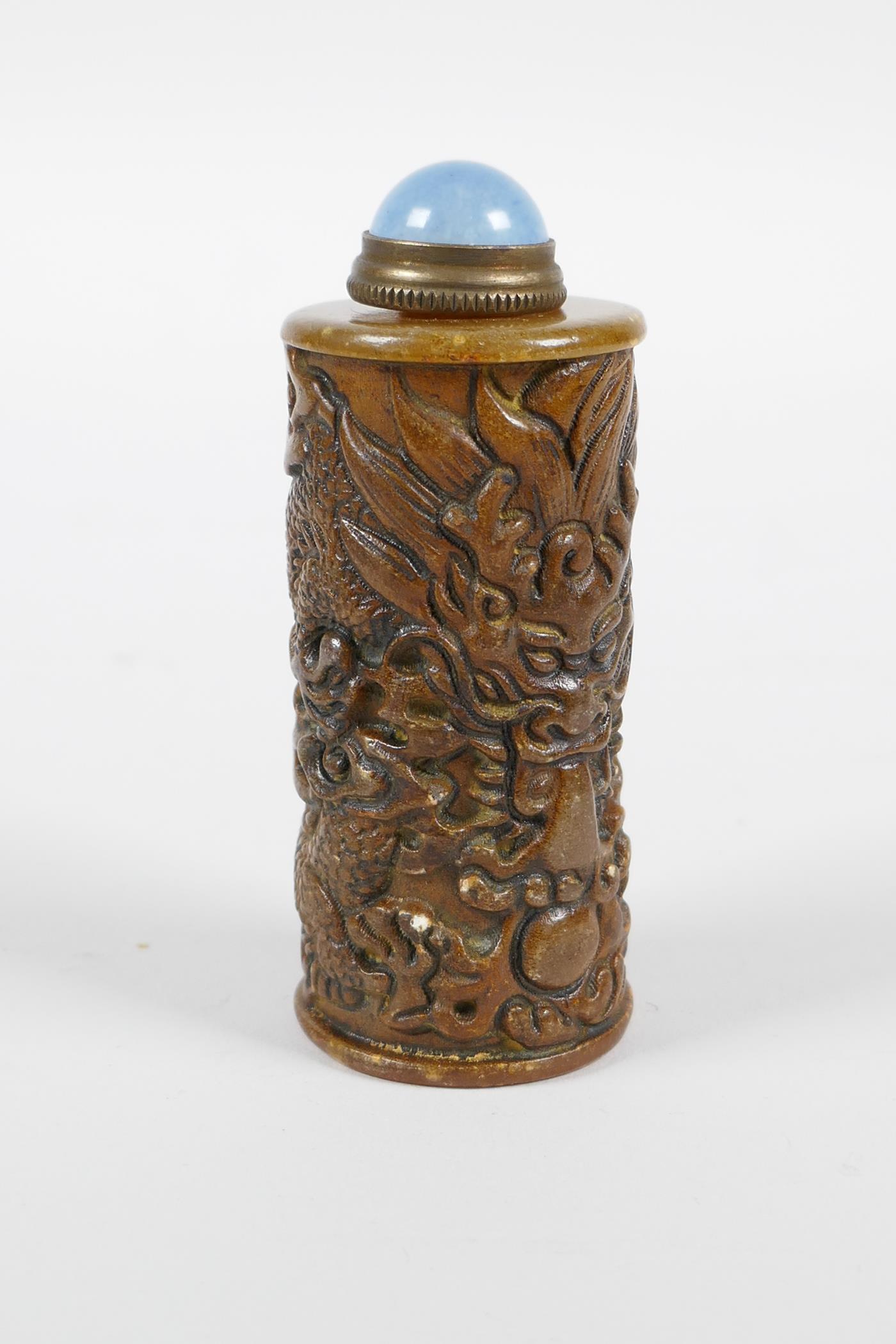 A Chinese soapstone snuff bottle with carved dragon decoration, 3" high - Image 4 of 5