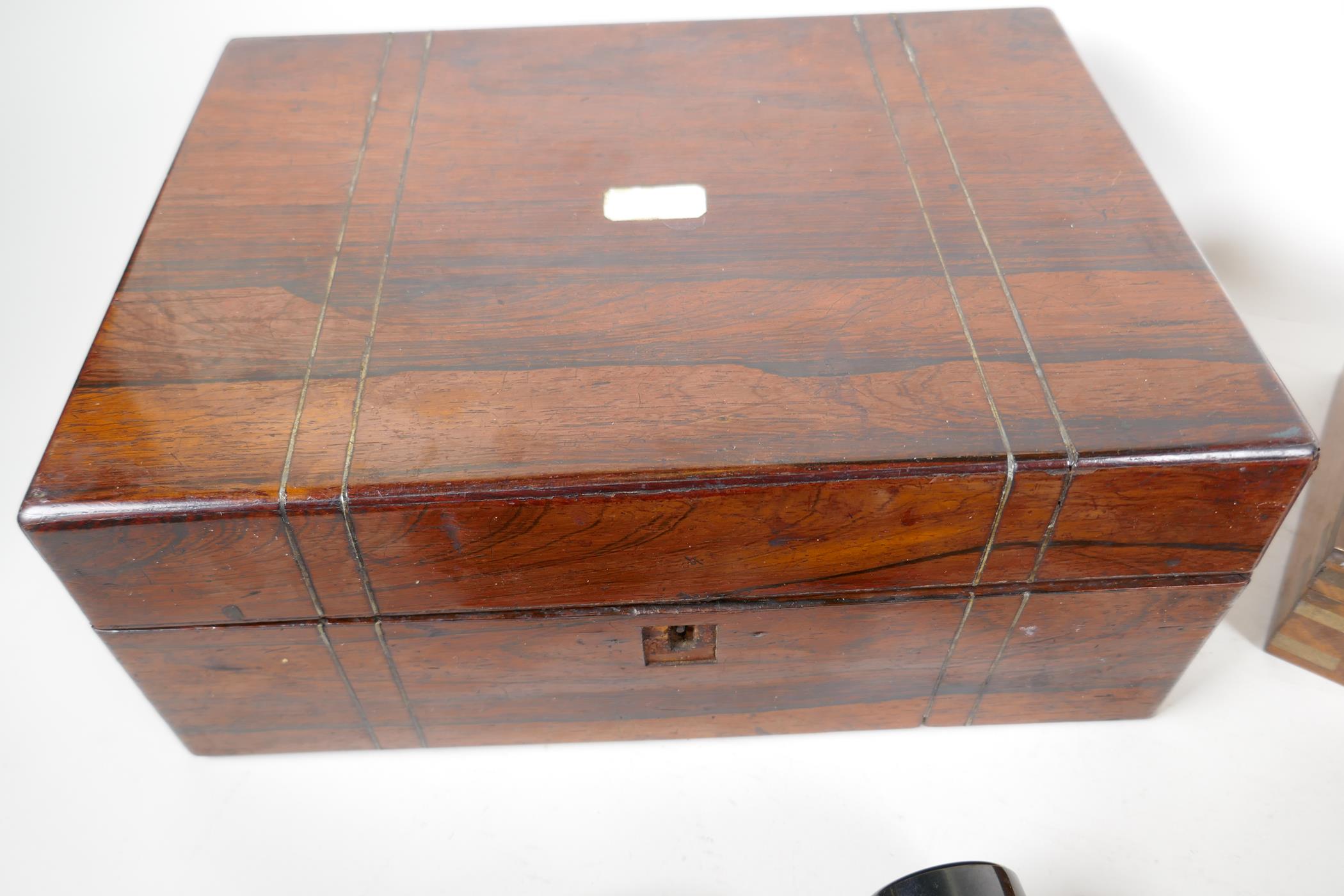 A C19th rosewood vanity box, A/F, 12" x 9" x 5", together with a small brass bound trinket box and a - Image 3 of 5