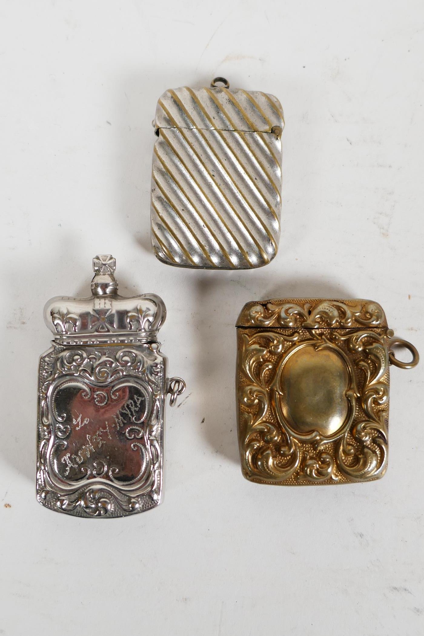 Three decorative Victorian and early C20th match safe vesta cases; one silver plated and topped with - Image 2 of 8