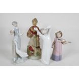 Two Lladro figures, sleepy boy and woman with geese (missing finger), a Nao Daisia figure of a