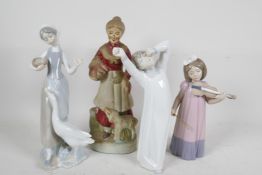 Two Lladro figures, sleepy boy and woman with geese (missing finger), a Nao Daisia figure of a