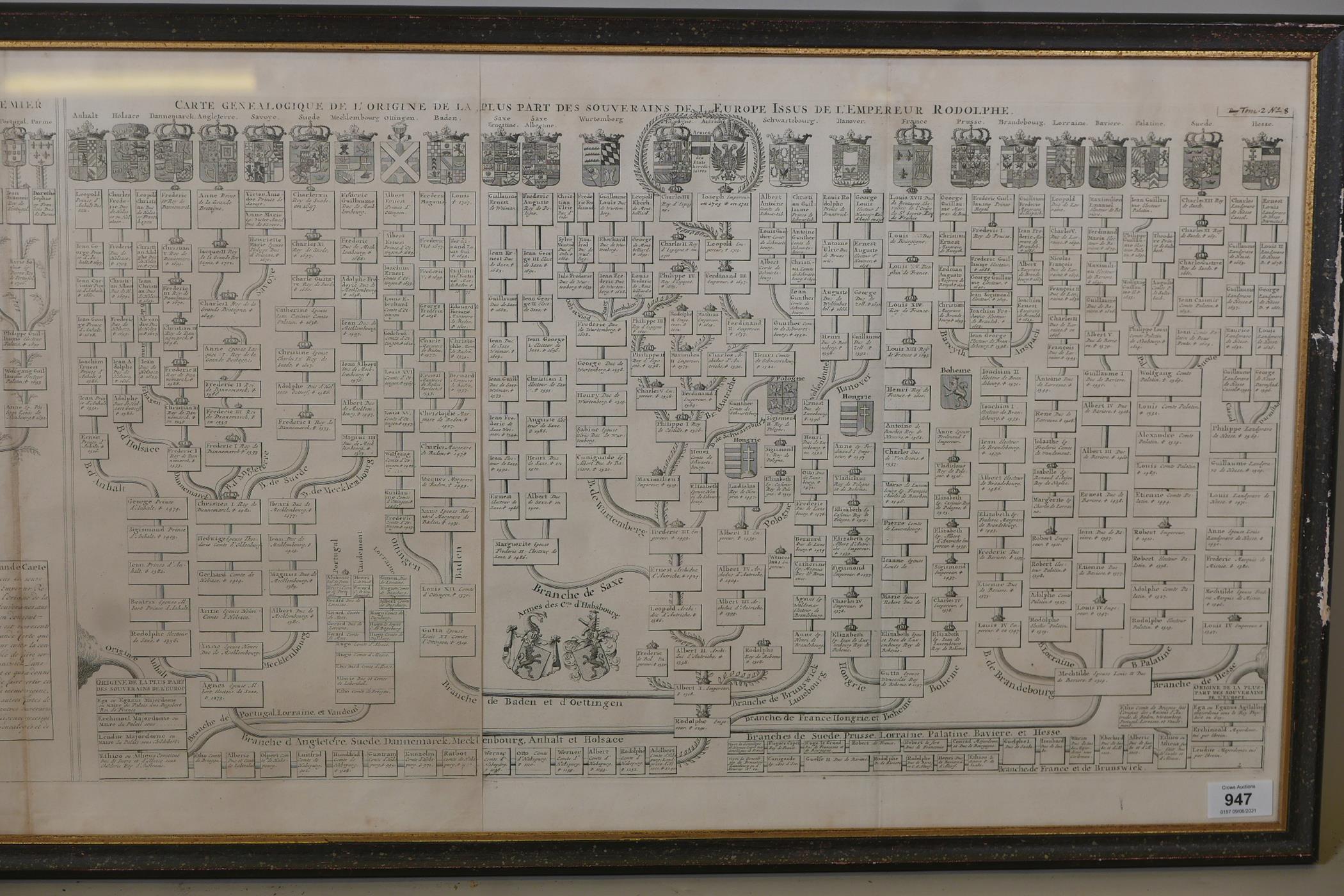 An C18th heraldic engraving, Nouvelle Carte Genealogique, des souverains issus de Ferdinand Premier, - Image 5 of 7