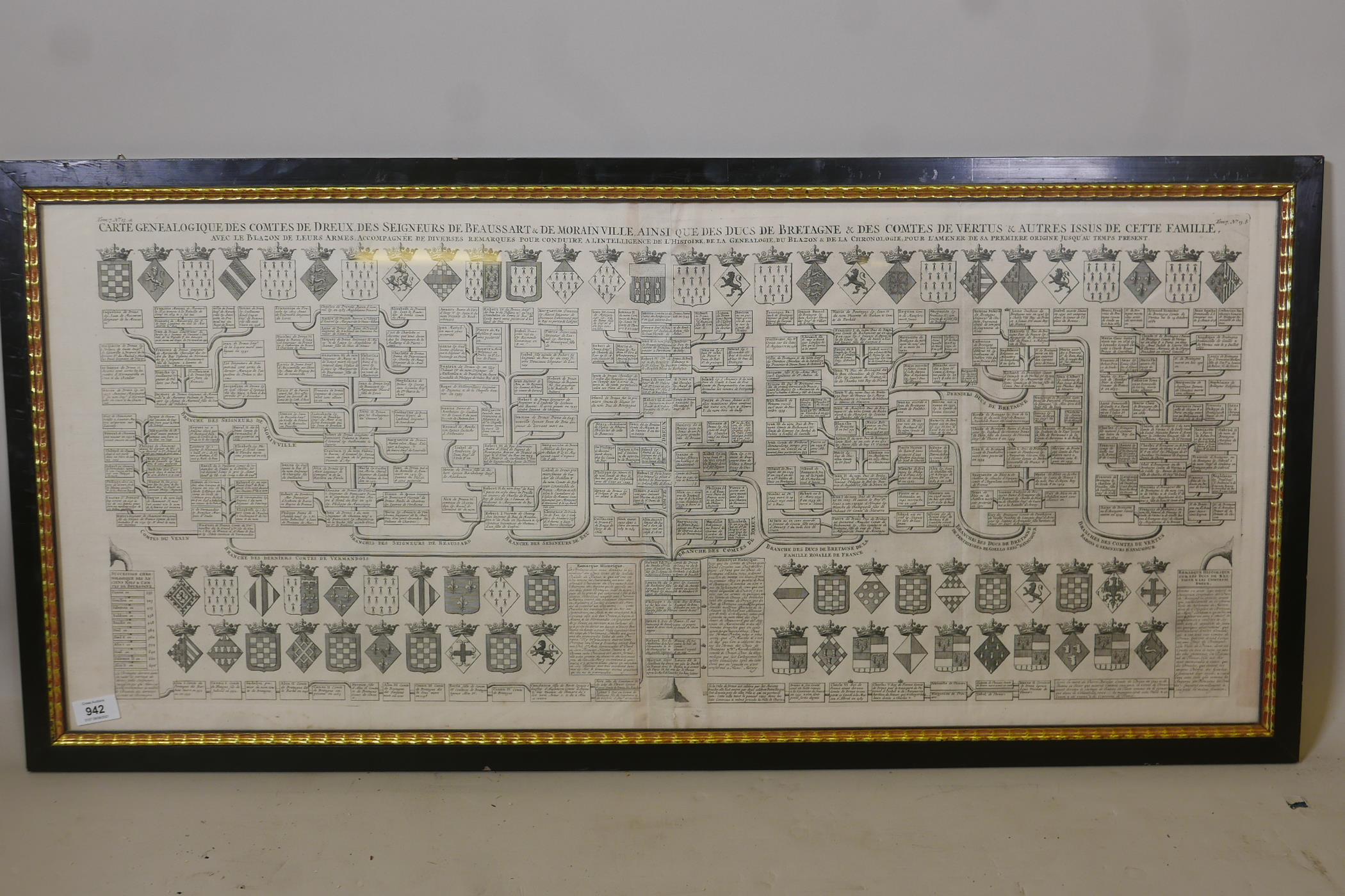 An C18th heraldic engraving, Carte Genealogique, des comtes de Dreux, des Seigneurs de Beaussart and