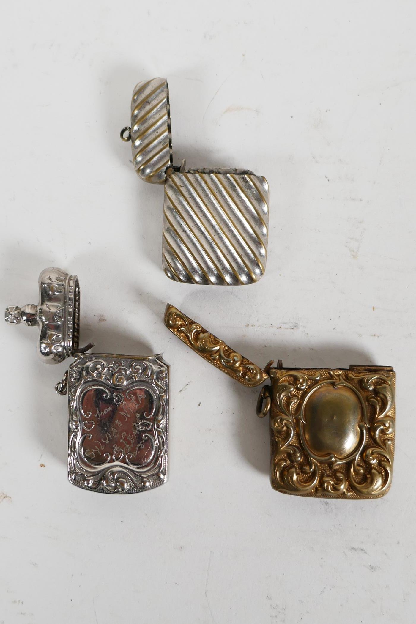 Three decorative Victorian and early C20th match safe vesta cases; one silver plated and topped with - Image 3 of 8