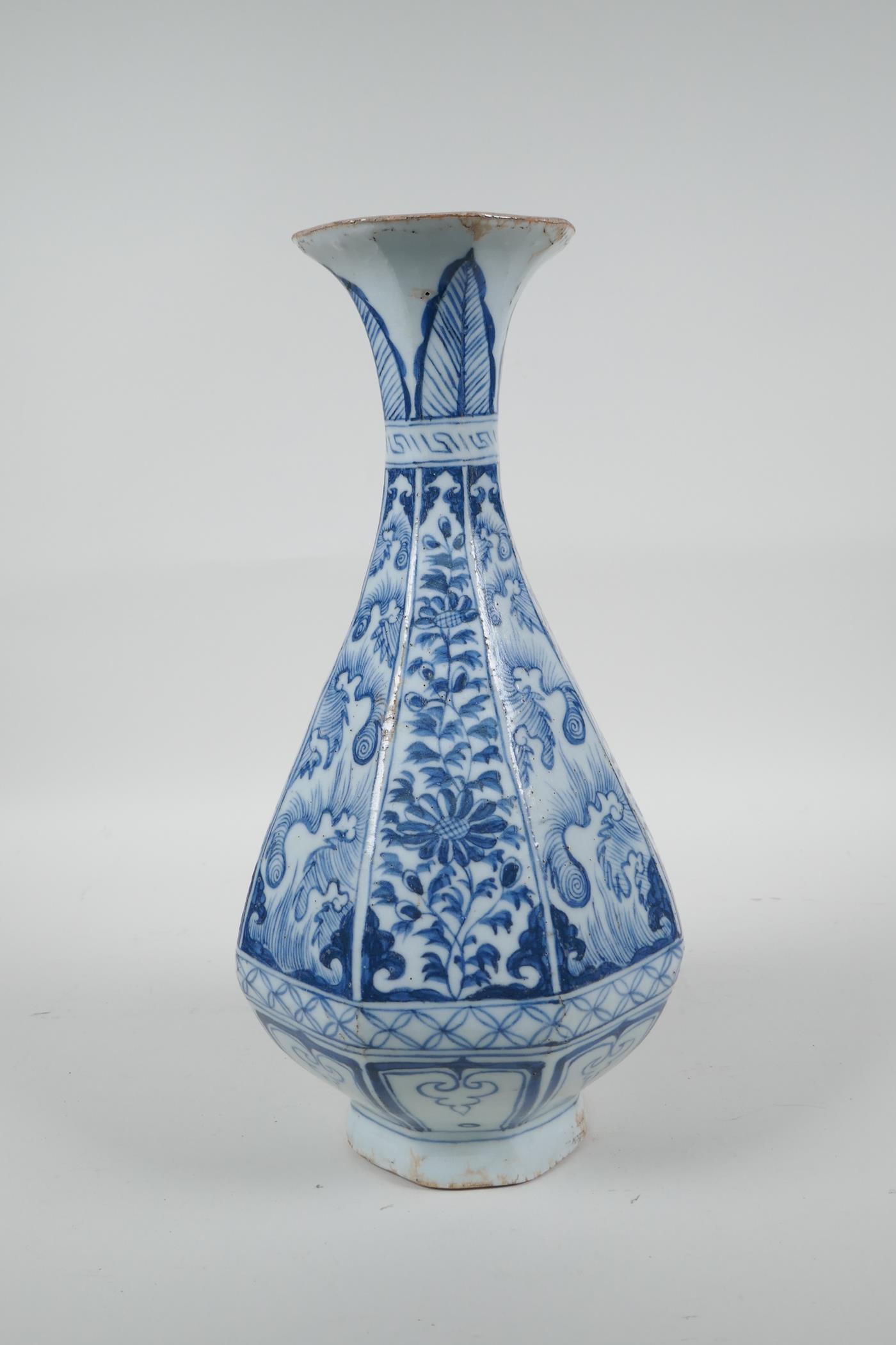 A Chinese Yuan style blue and white pottery pear shaped vase of octagonal form with floral - Image 3 of 5