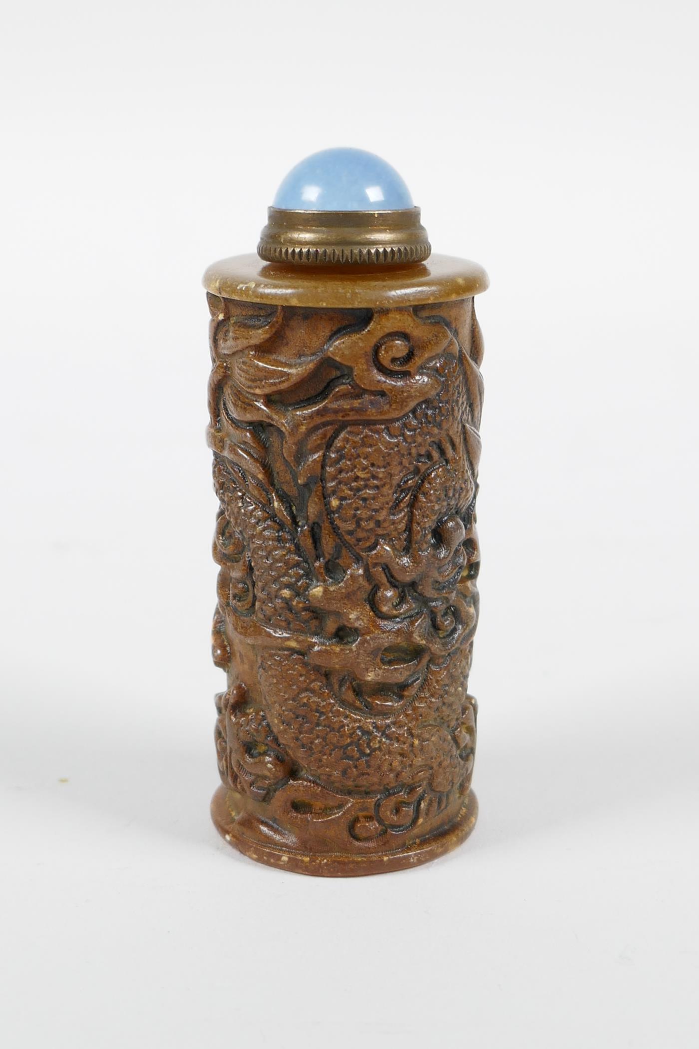 A Chinese soapstone snuff bottle with carved dragon decoration, 3" high - Image 3 of 5