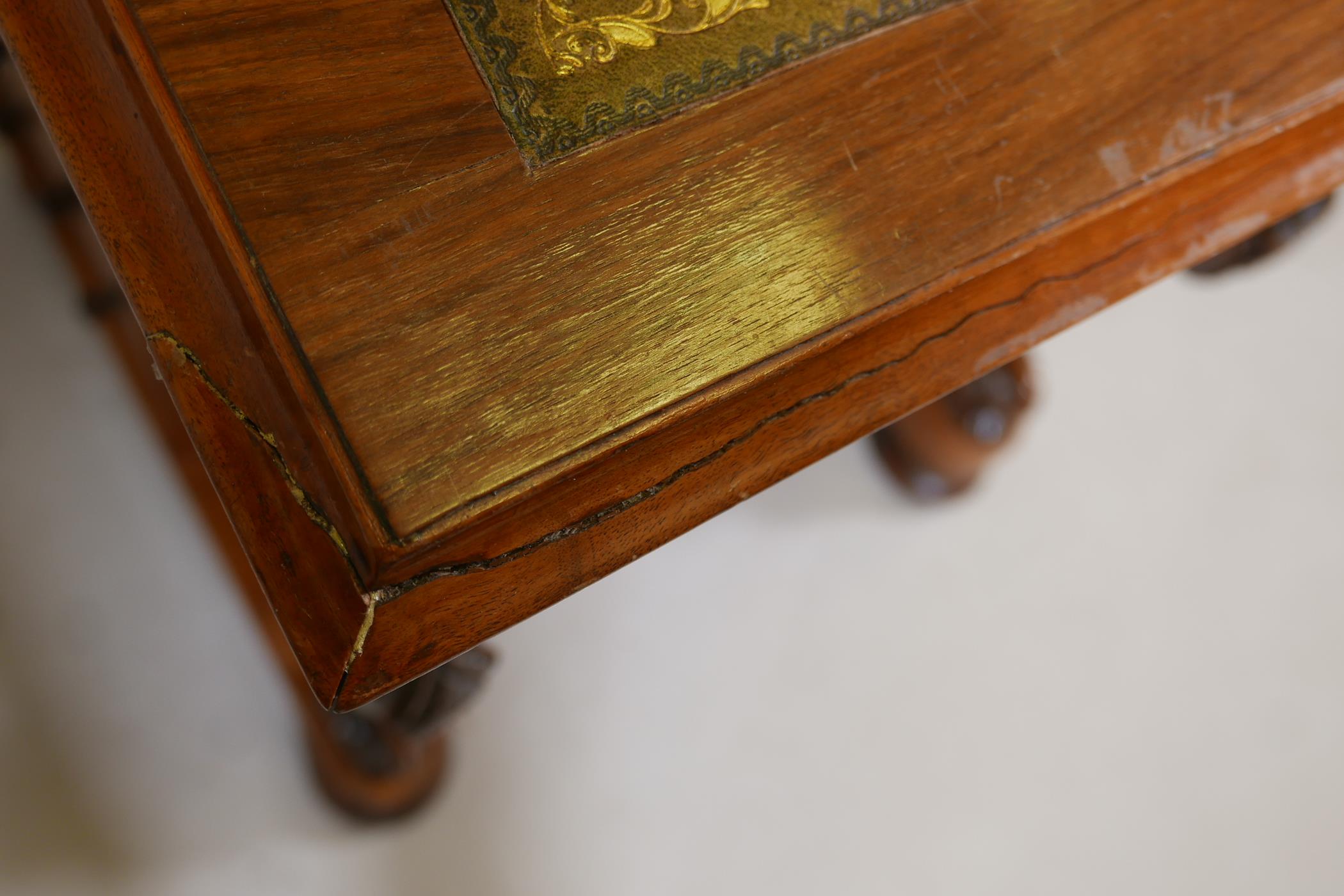 A Victorian figured walnut davenport with carved piano legs, tooled leather inset top and fitted - Image 5 of 9