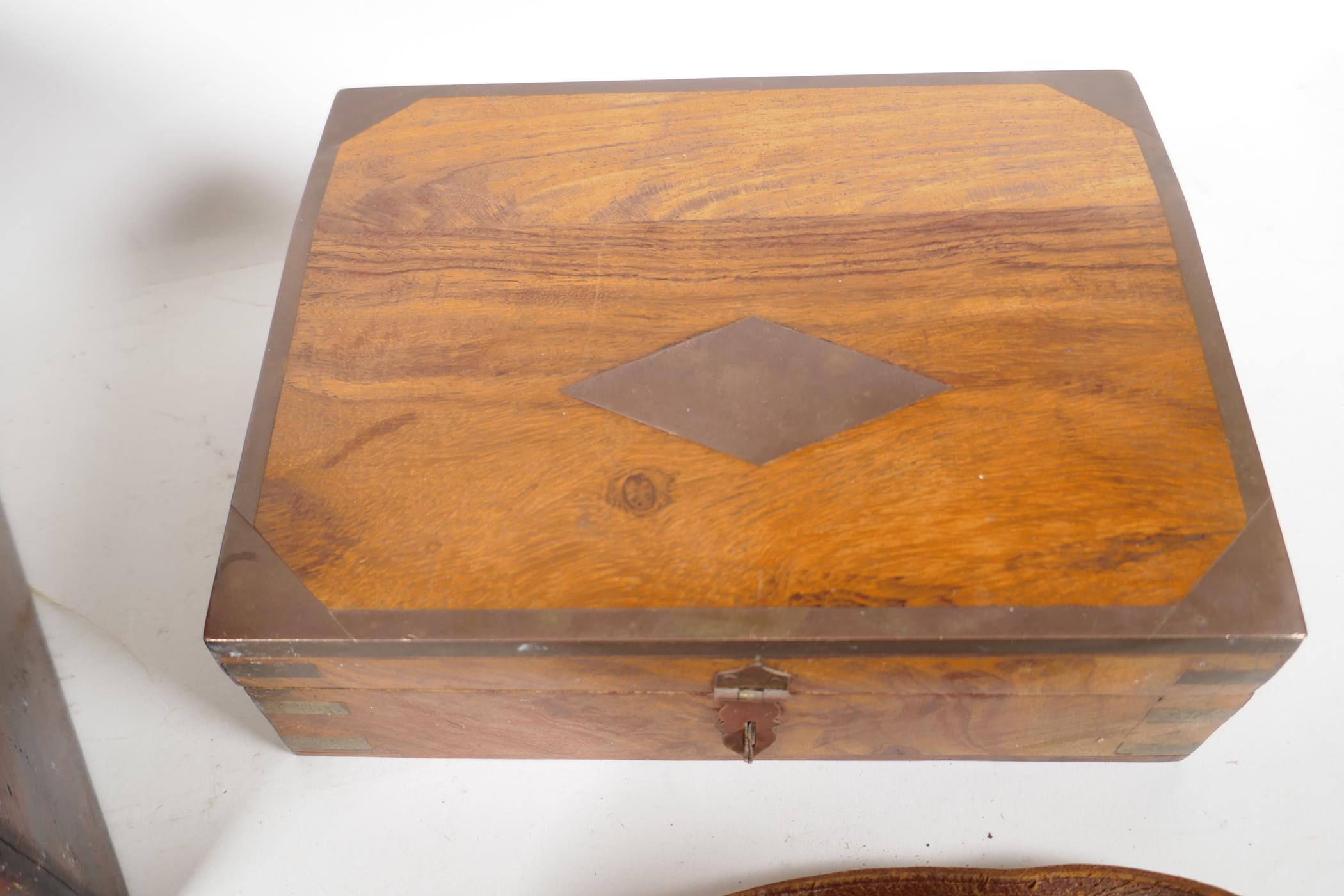 A C19th rosewood vanity box, A/F, 12" x 9" x 5", together with a small brass bound trinket box and a - Image 4 of 5