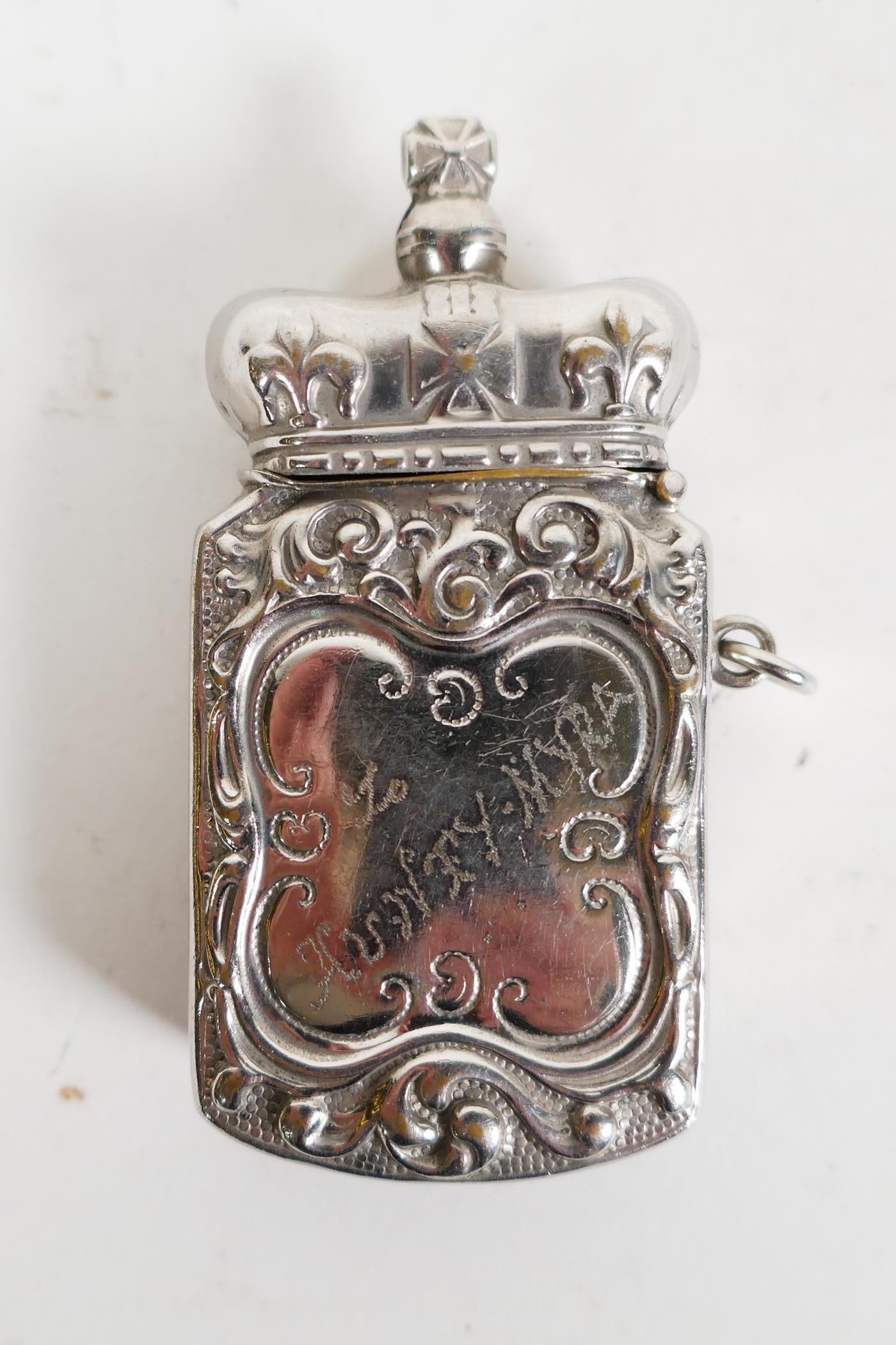 Three decorative Victorian and early C20th match safe vesta cases; one silver plated and topped with - Image 5 of 8