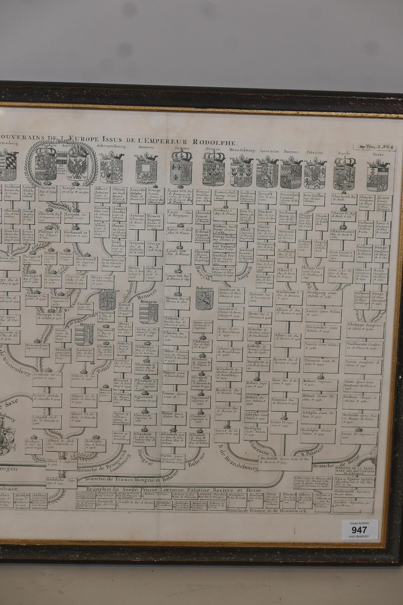 An C18th heraldic engraving, Nouvelle Carte Genealogique, des souverains issus de Ferdinand Premier, - Image 7 of 7