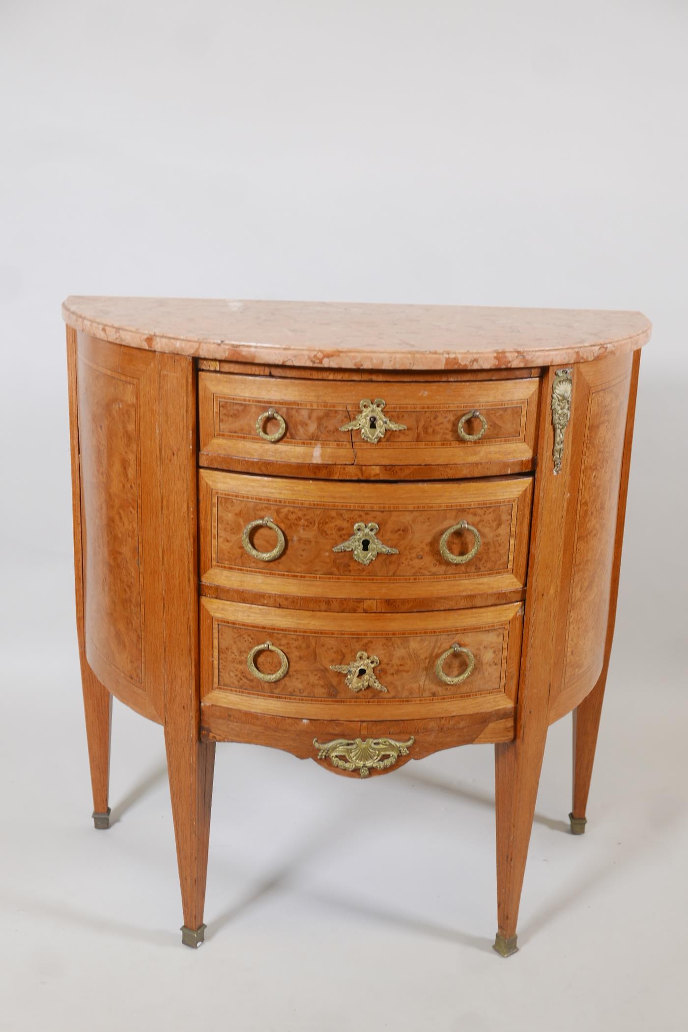 A Louis XV style demi-lune three drawer commode, with inset burr walnut inlaid panels, brass handles - Image 2 of 3