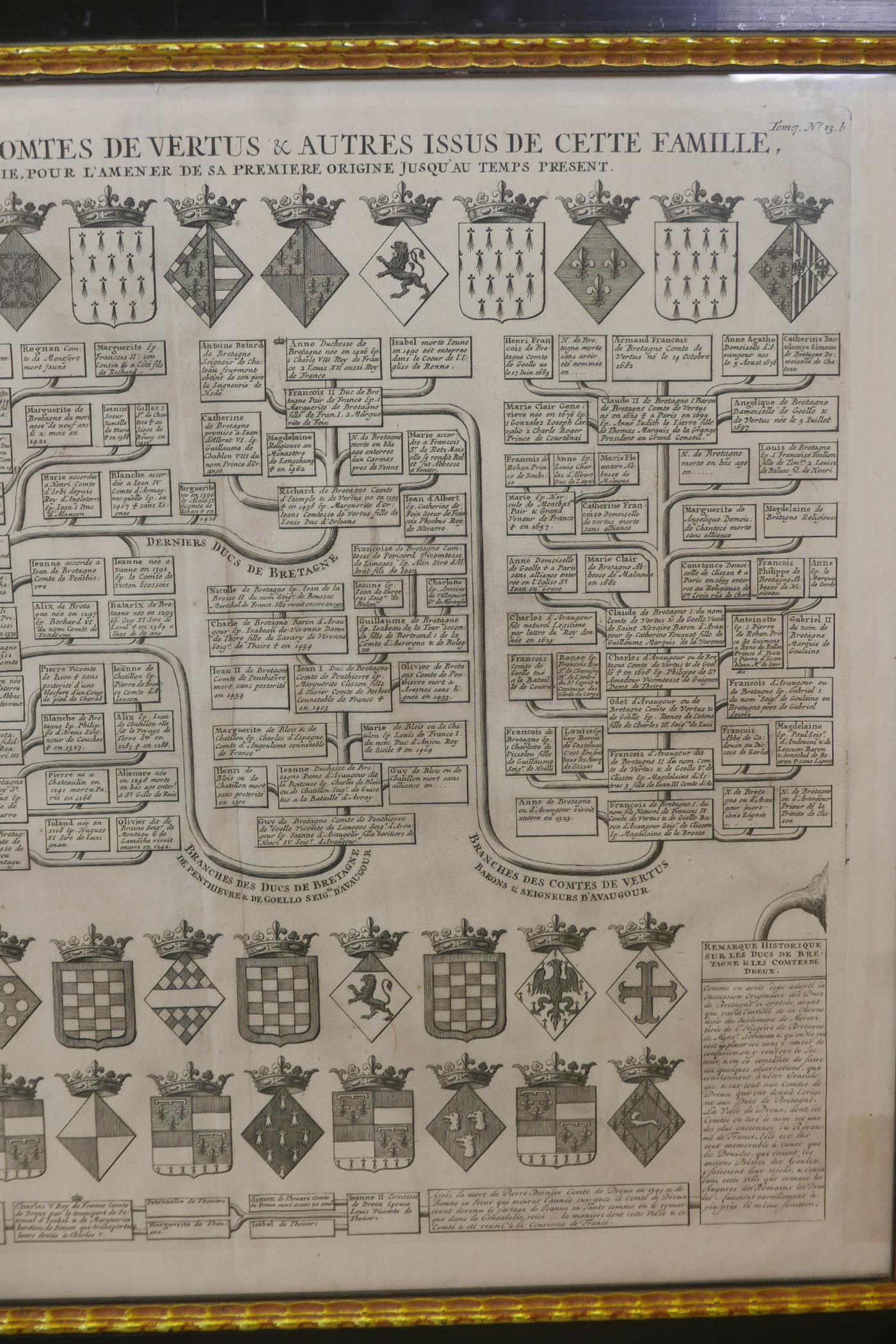 An C18th heraldic engraving, Carte Genealogique, des comtes de Dreux, des Seigneurs de Beaussart and - Image 6 of 6