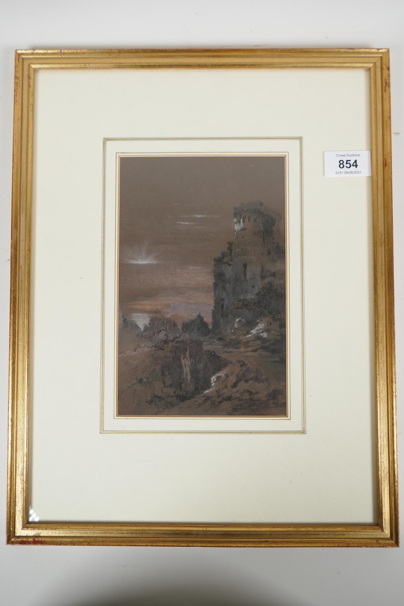 Ruins in a landscape at sunset, C19th charcoal drawing highlighted with white, in the manner of John - Image 3 of 3