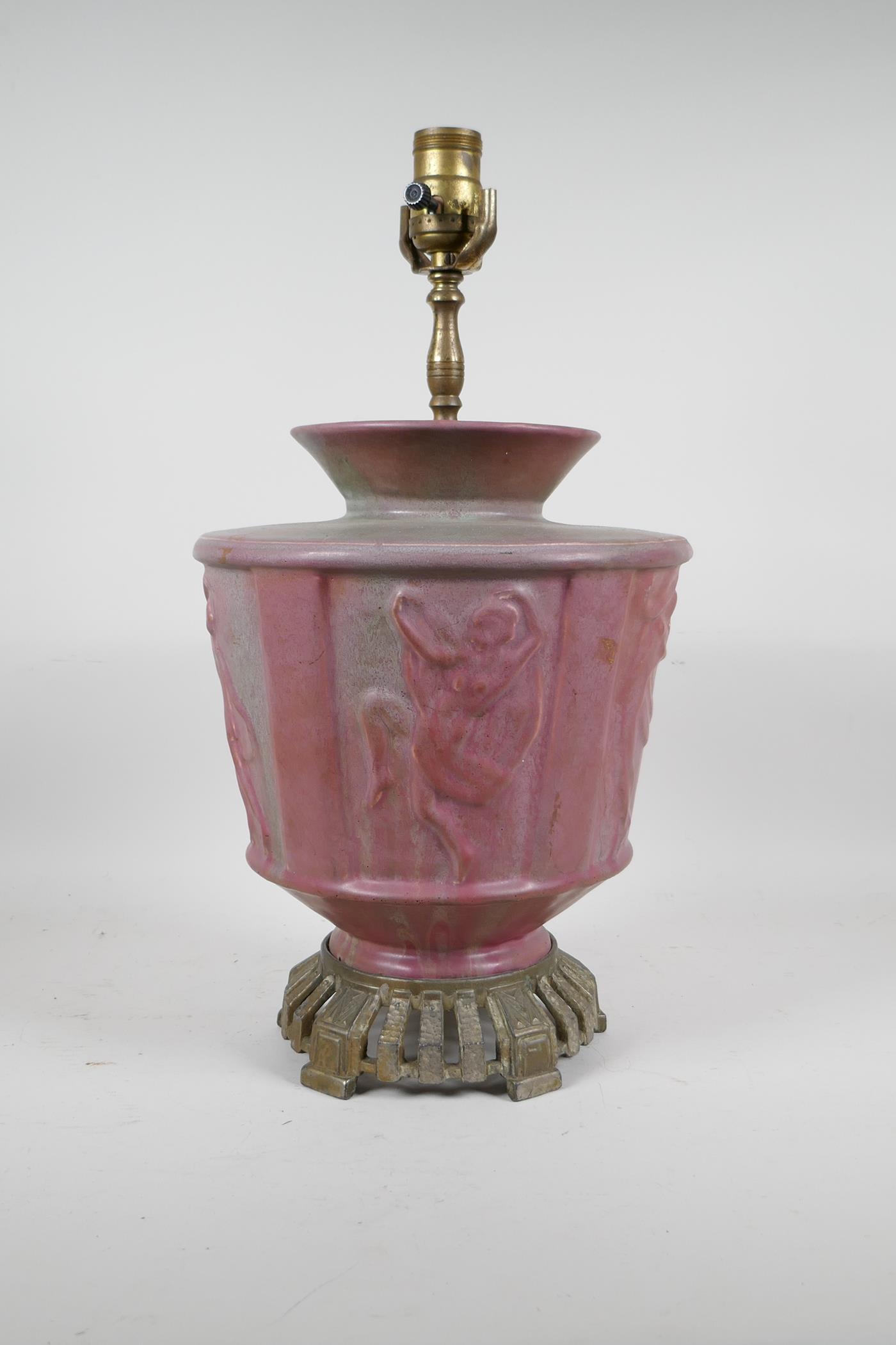 A pink glazed ceramic lamp with metal mounts, the body decorated with classical nudes, 17" high - Image 2 of 5