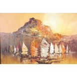 Zablan, sailing boats off a rocky Philippine coast, oil on canvas, signed, 24" x 18"
