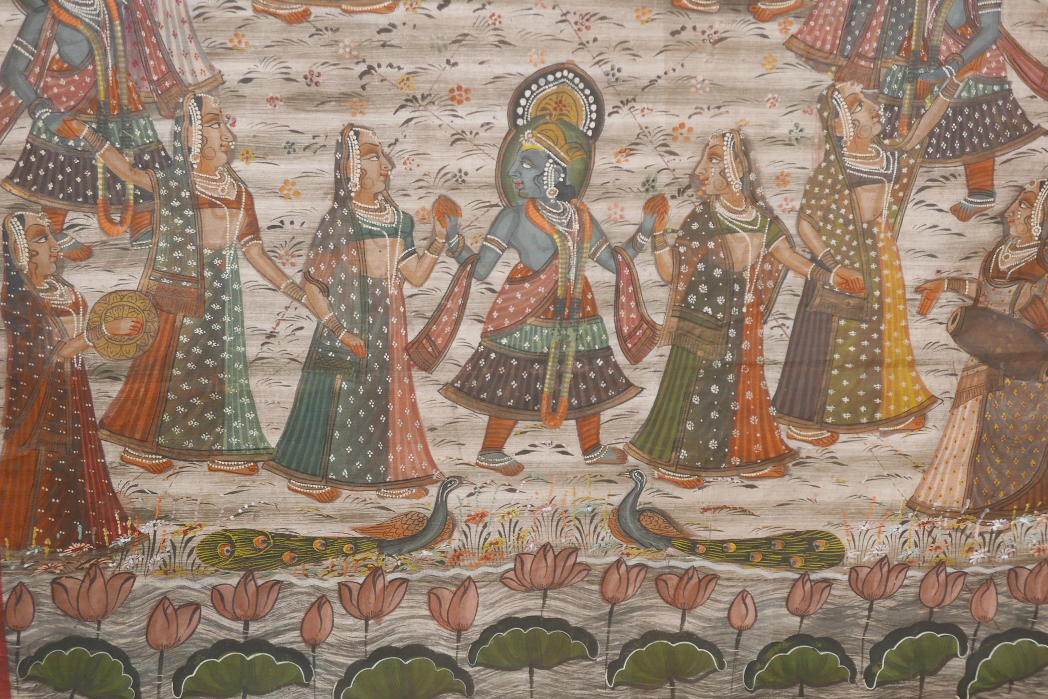 An Indian painting on silk depicting a ceremonial dance, 'The Wishes of Krishna', 33" x 45" - Image 4 of 4