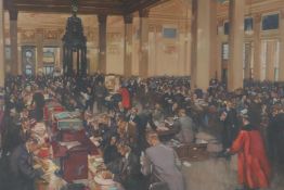 Terence Cuneo, colour print 'The underwriting room at Lloyds', 23" x 20", together with an