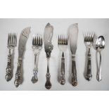 Three pairs of early C20th silver plated fish slices and serving forks, one set by Mappin & Webb, an