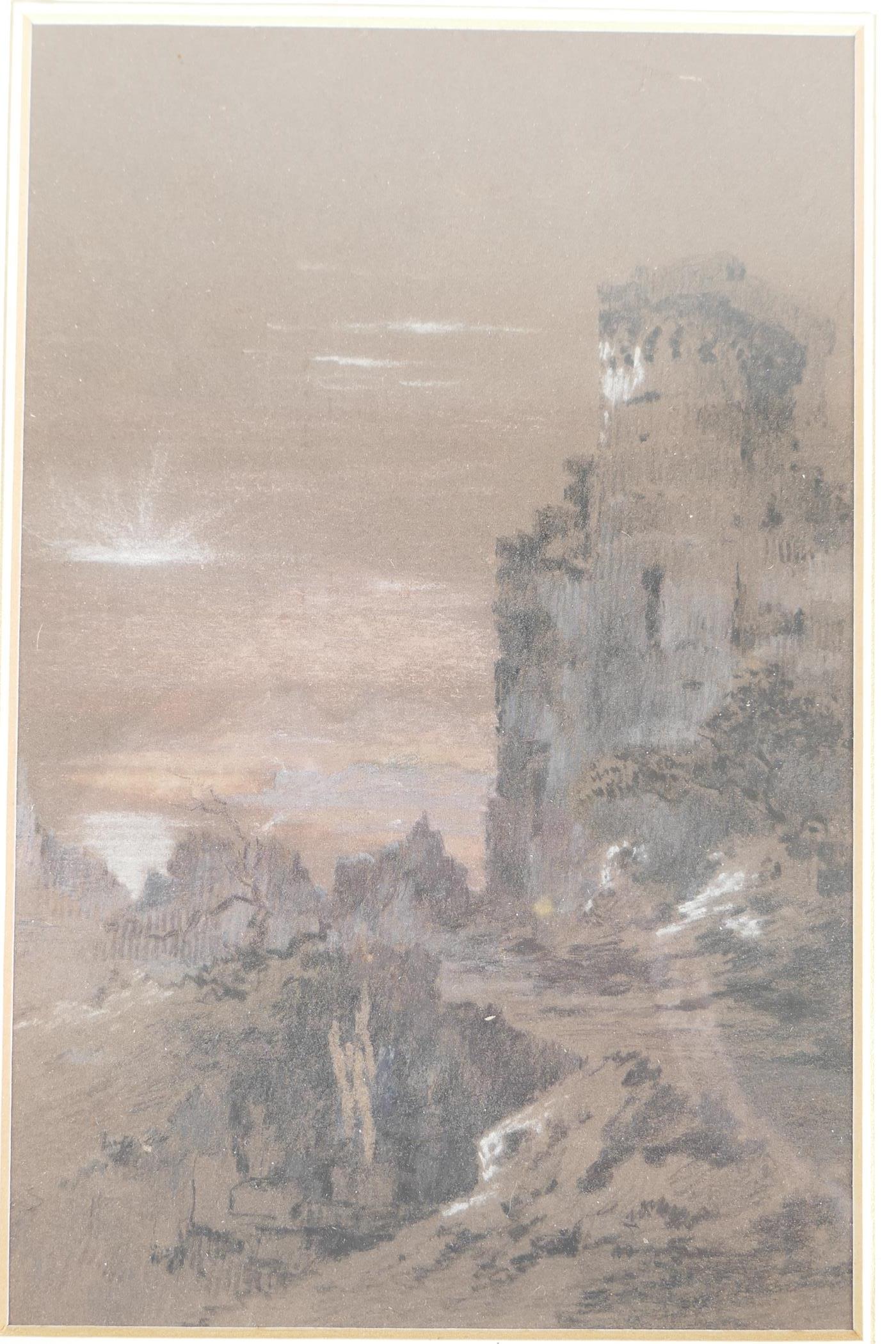 Ruins in a landscape at sunset, C19th charcoal drawing highlighted with white, in the manner of John - Image 2 of 3