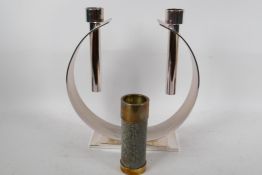 An unusual plated metal two light candlestick 'The Luna' by FWK, 11½" high, together with a