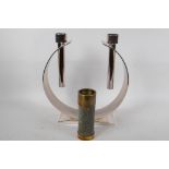 An unusual plated metal two light candlestick 'The Luna' by FWK, 11½" high, together with a