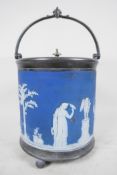 A late C19th Wedgwood cobalt Blue Jasperware biscuit barrel, silver metal base, handle and lid,