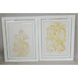 A pair of contemporary furnishing prints of stylised flowers, 19" x 27"