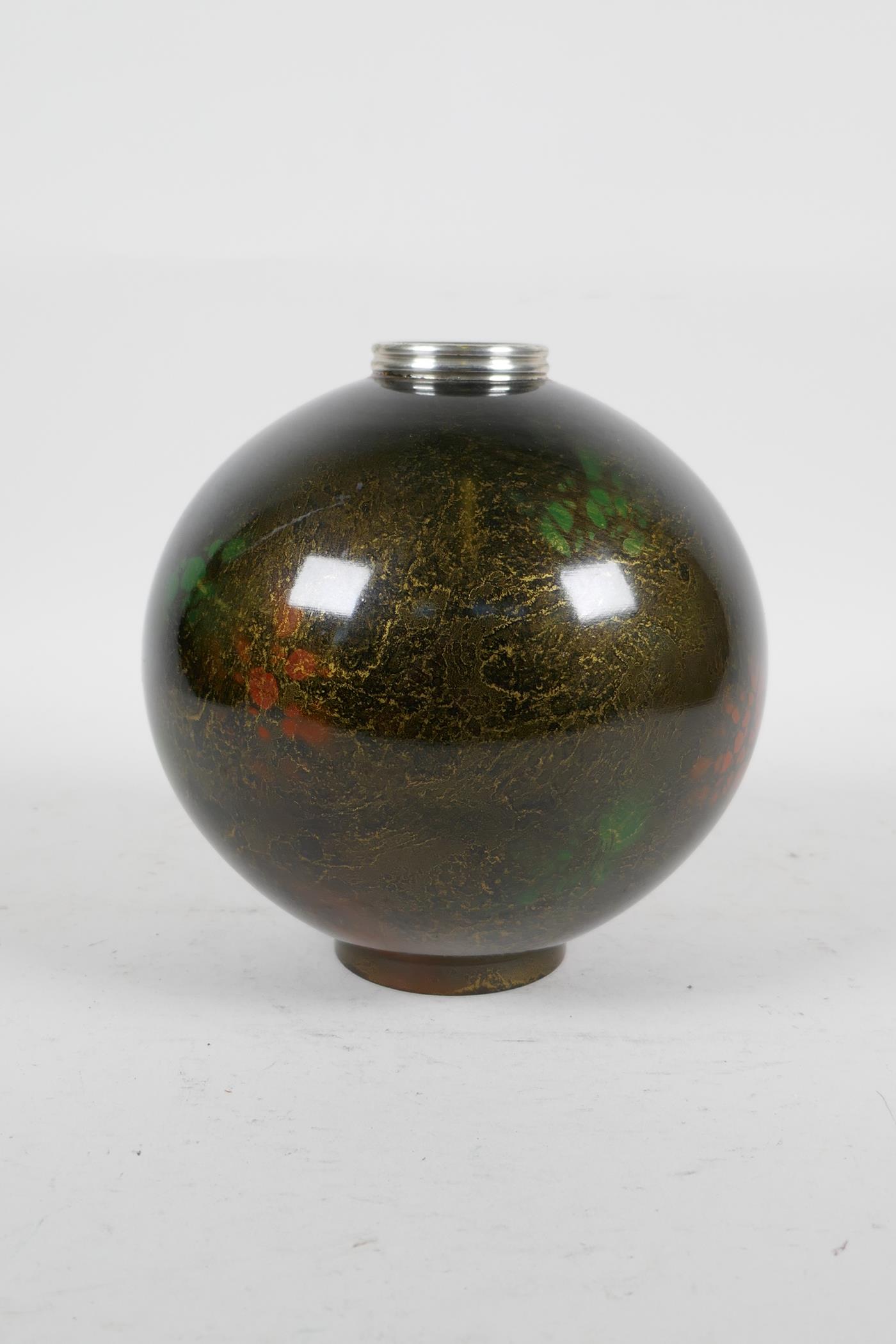 A Japanese enamelled metal globular vase with green and red speckled decoration on a bronze style - Image 2 of 4