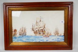 Herbert C. Ahier, British three masted warships anchored in a bay, signed, in a good maple frame,