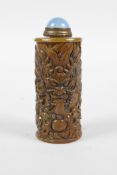 A Chinese soapstone snuff bottle with carved dragon decoration, 3" high