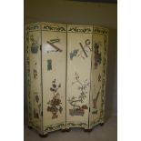 A Chinese four fold lacquer screen with incised and painted decoration, each panel 72" x 15½"