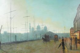 In the manner of John Atkinson Grimshaw, city dock scene at dusk, oil on canvas laid on board, 30" x
