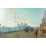 In the manner of John Atkinson Grimshaw, city dock scene at dusk, oil on canvas laid on board, 30" x