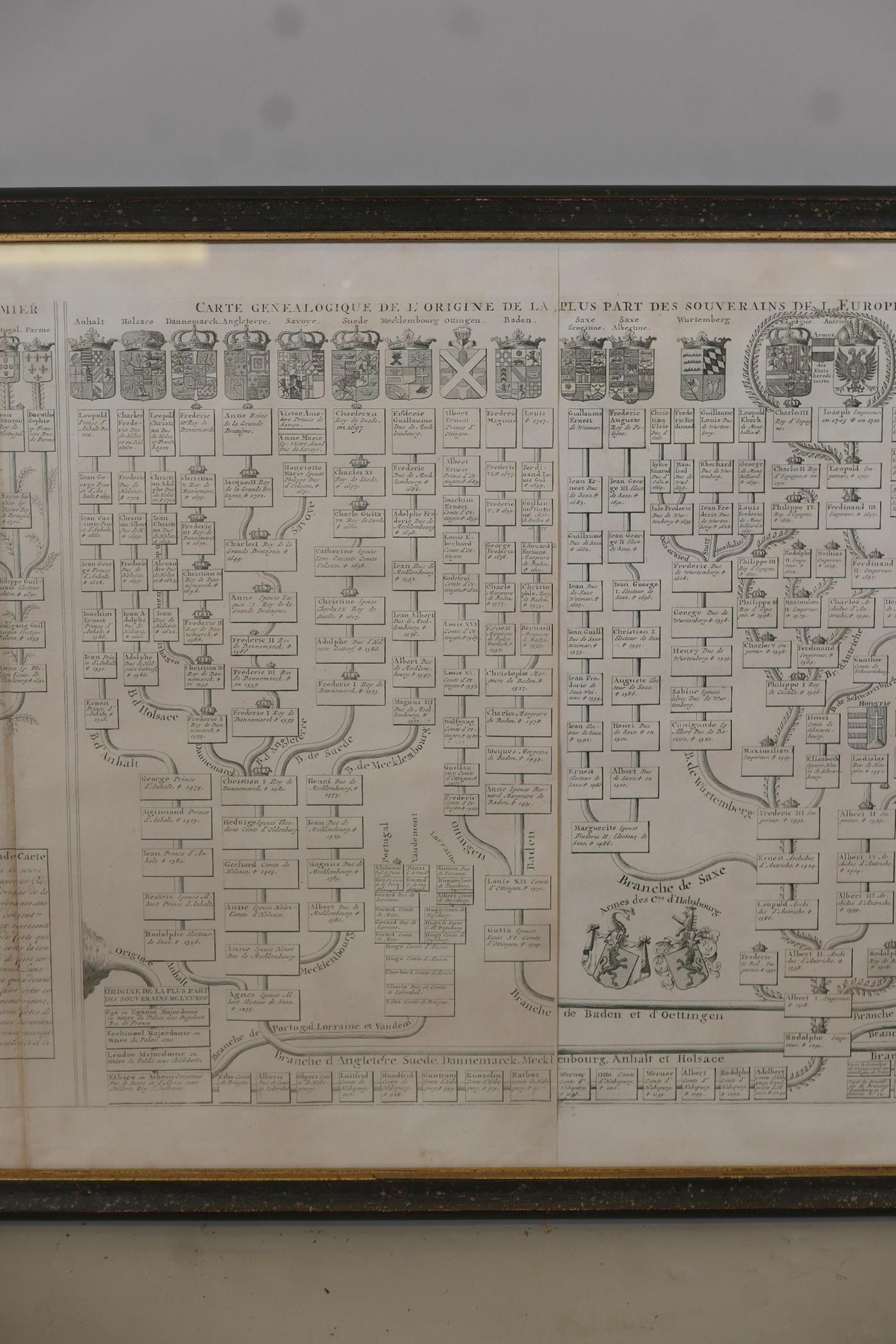 An C18th heraldic engraving, Nouvelle Carte Genealogique, des souverains issus de Ferdinand Premier, - Image 6 of 7